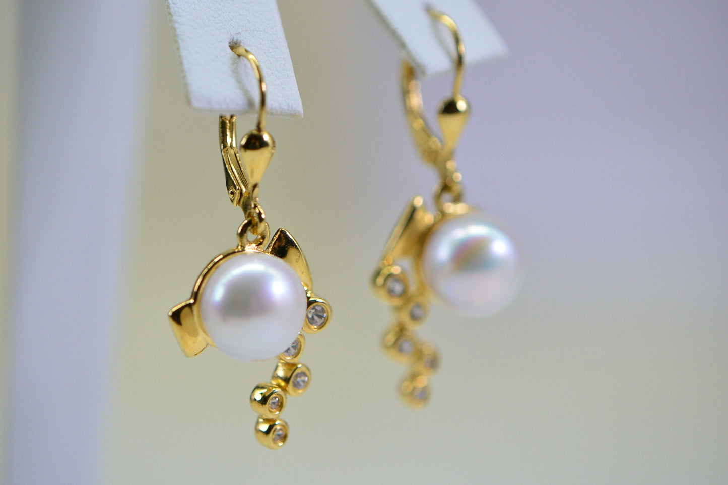 Tahitian Cultured White Pearl  Diamond Dangle Stud Earrings 18K Vermeil Gold Multi Stone Earrings