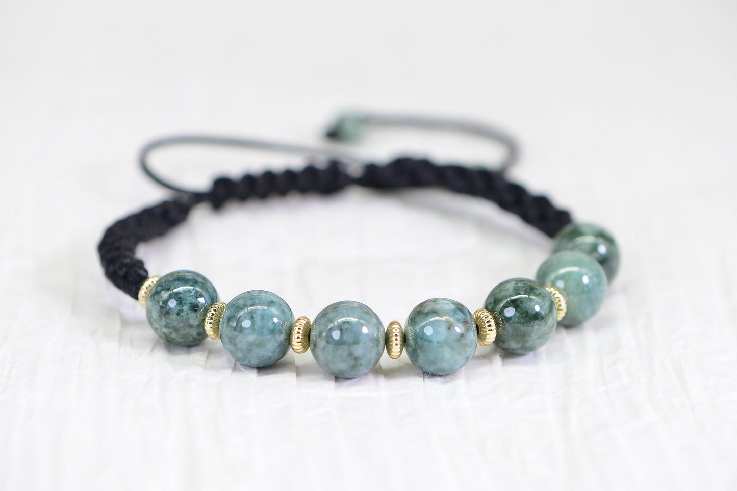 Handmade Burma Green Jade Bracelet: 14K Gold Bead Gemstone Bracelet