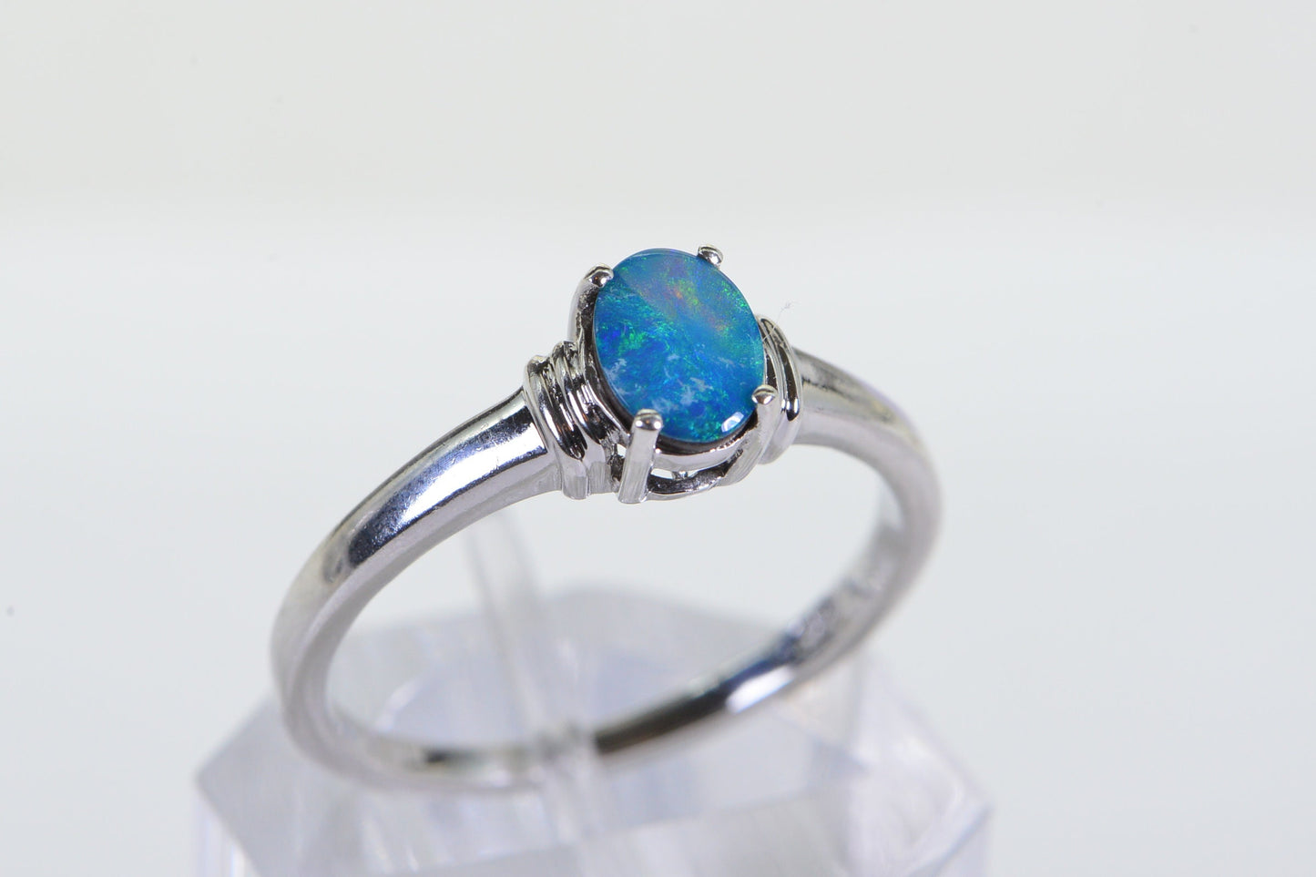 Australian Opal Ring: Sterling Silver Minimalist Band, Blue-Green Gemstone