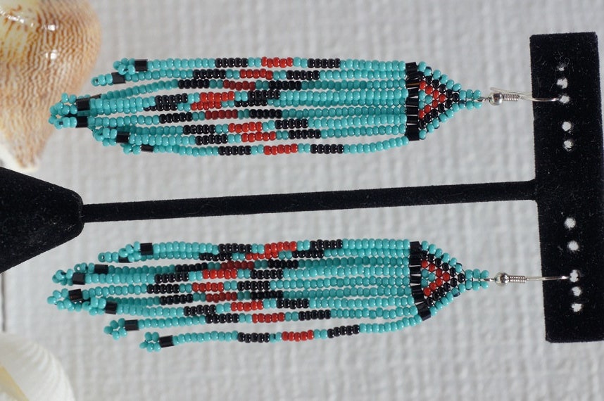 Turquoise Beaded Fringe Earrings, Native American Style, Czech Seed Bead