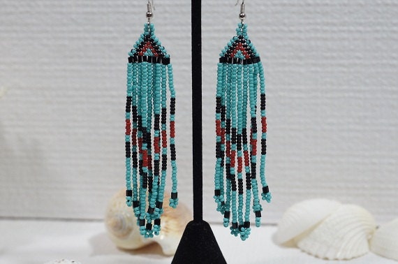 Turquoise Beaded Fringe Earrings, Native American Style, Czech Seed Bead
