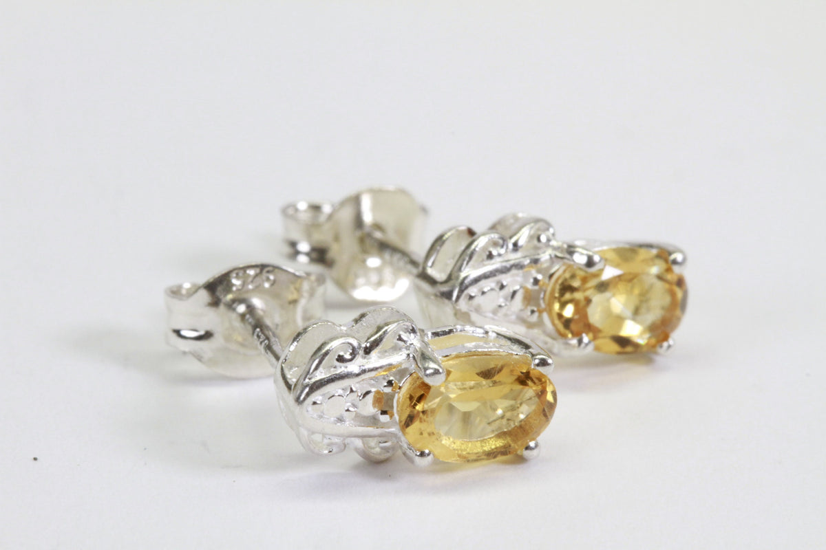 Tiny Citrine Stud Earrings: Rhodium Over Sterling Silver, Handmade