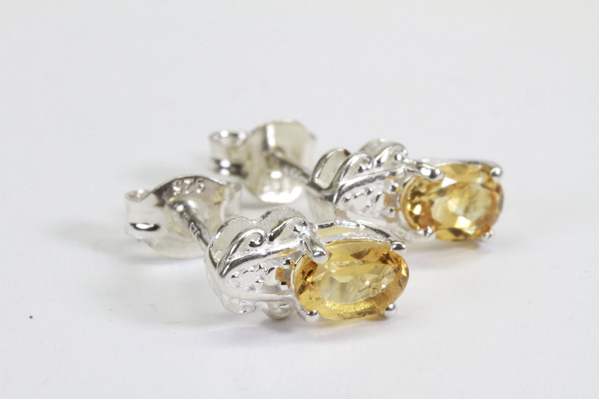 Tiny Citrine Stud Earrings: Rhodium Over Sterling Silver, Handmade