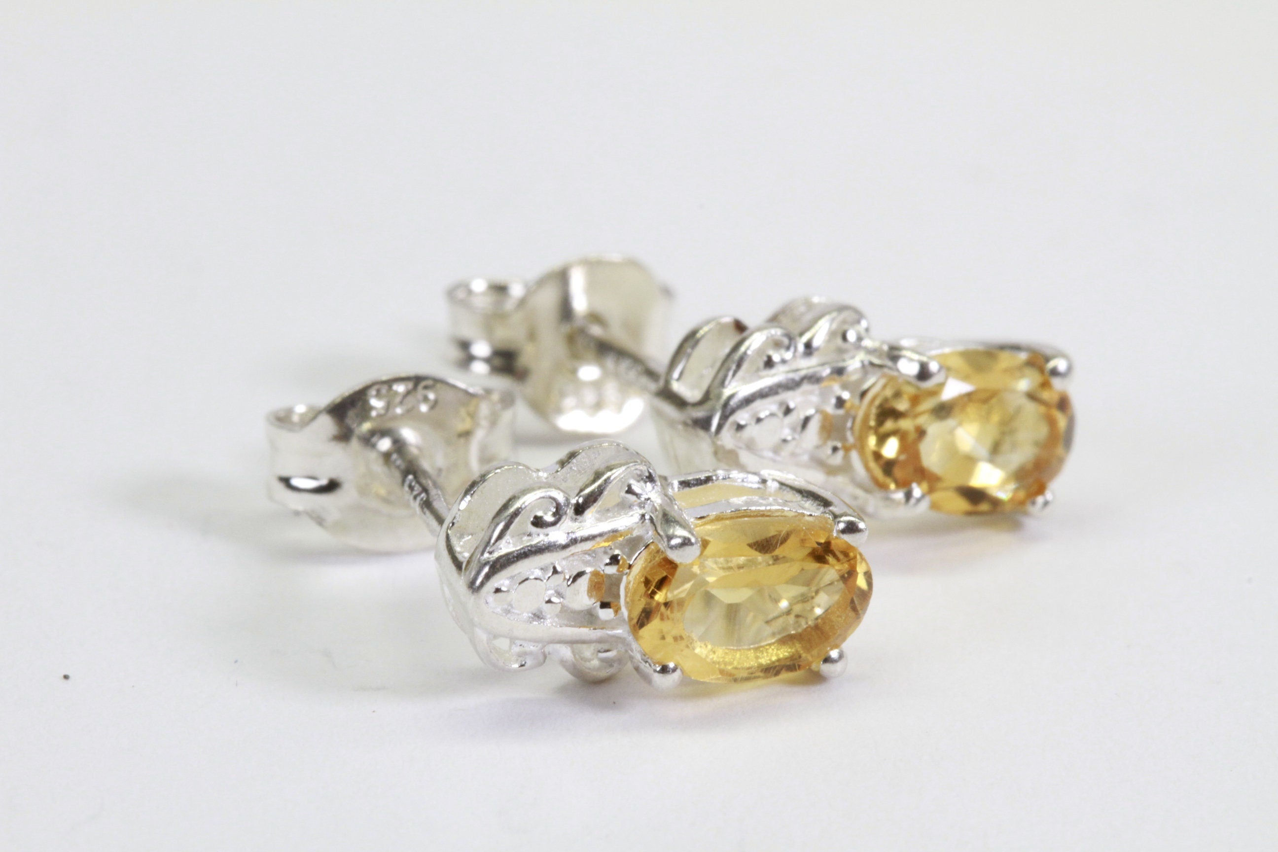 Tiny Citrine Stud Earrings: Rhodium Over Sterling Silver, Handmade