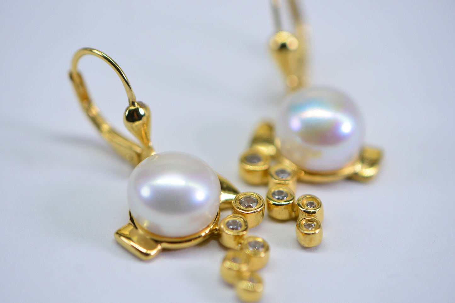 Tahitian Cultured White Pearl  Diamond Dangle Stud Earrings 18K Vermeil Gold Multi Stone Earrings
