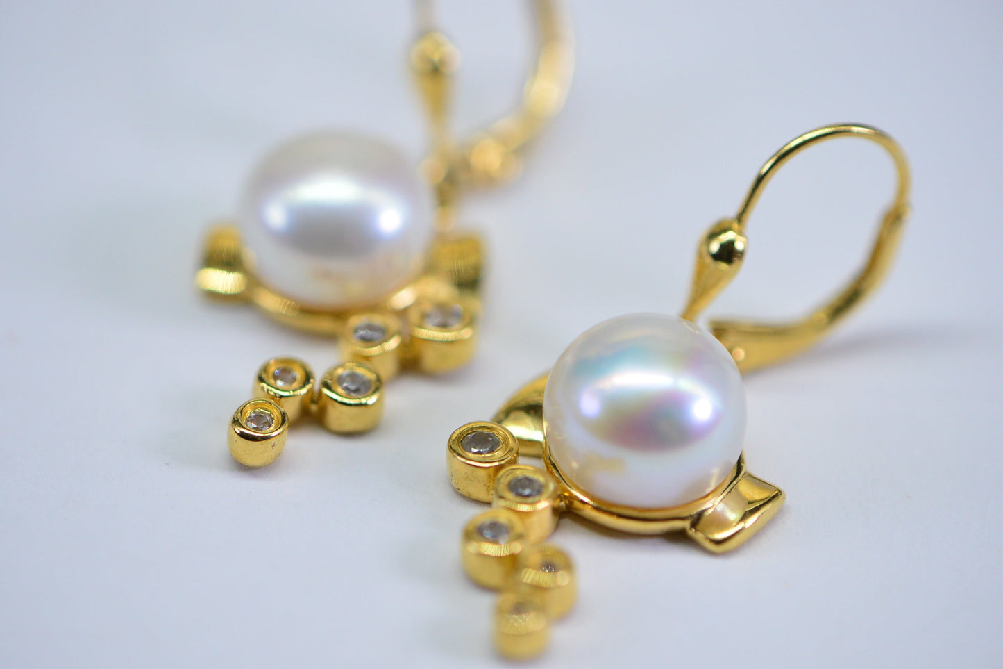 Tahitian Cultured White Pearl  Diamond Dangle Stud Earrings 18K Vermeil Gold Multi Stone Earrings