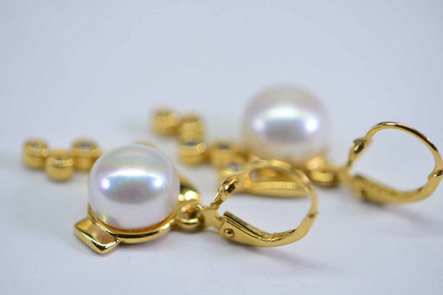 Tahitian Cultured White Pearl  Diamond Dangle Stud Earrings 18K Vermeil Gold Multi Stone Earrings