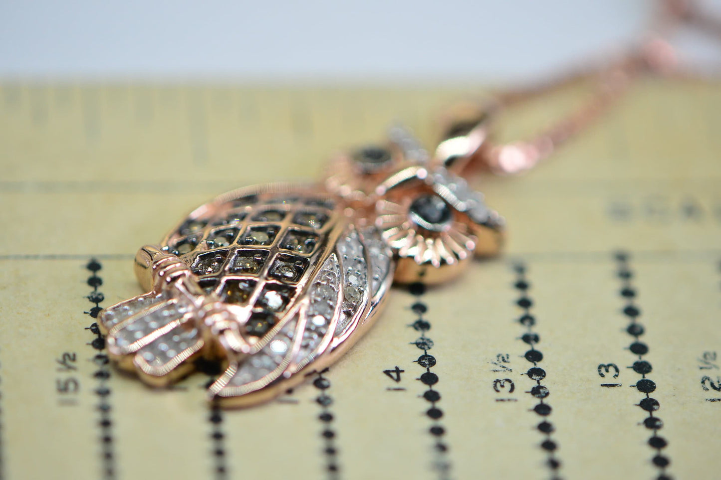 Diamond Owl Pendant: Vintage Sterling Silver Necklace, Rose Gold Electroplated