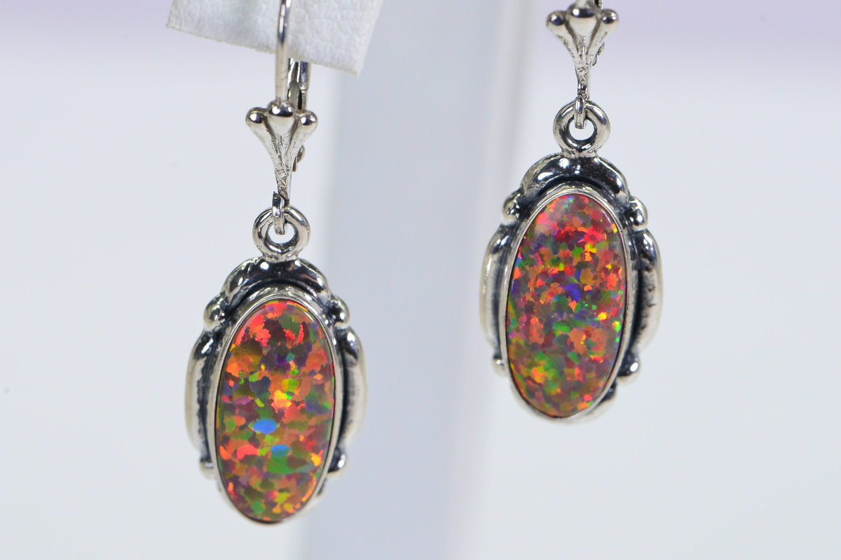 Sterling Silver Opal Dangle Earrings: Oval Bezel Set, Multicolor