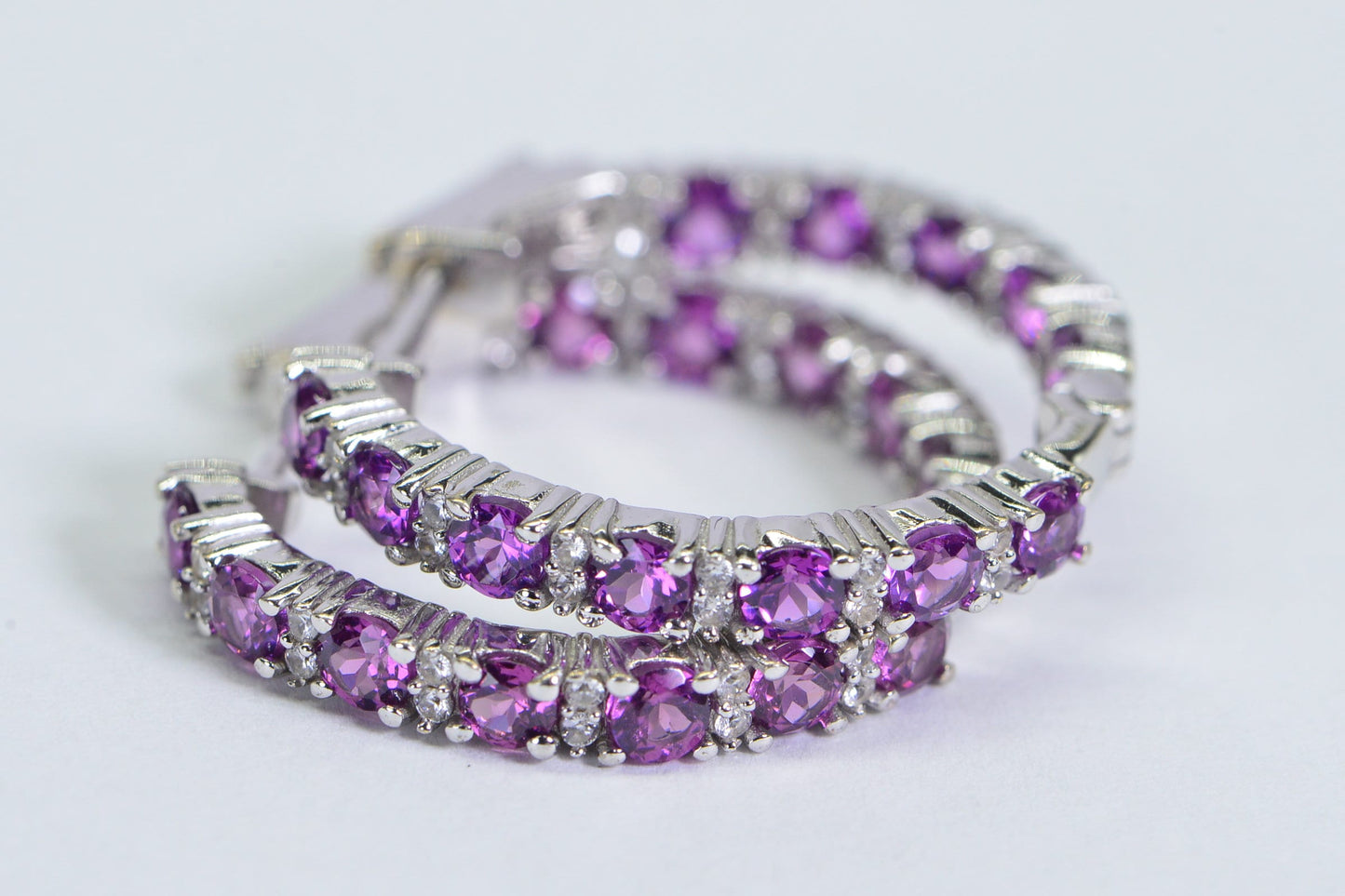 Rhodolite Garnet Hoop Earrings: Platinum Plated Sterling Silver, 6 ct
