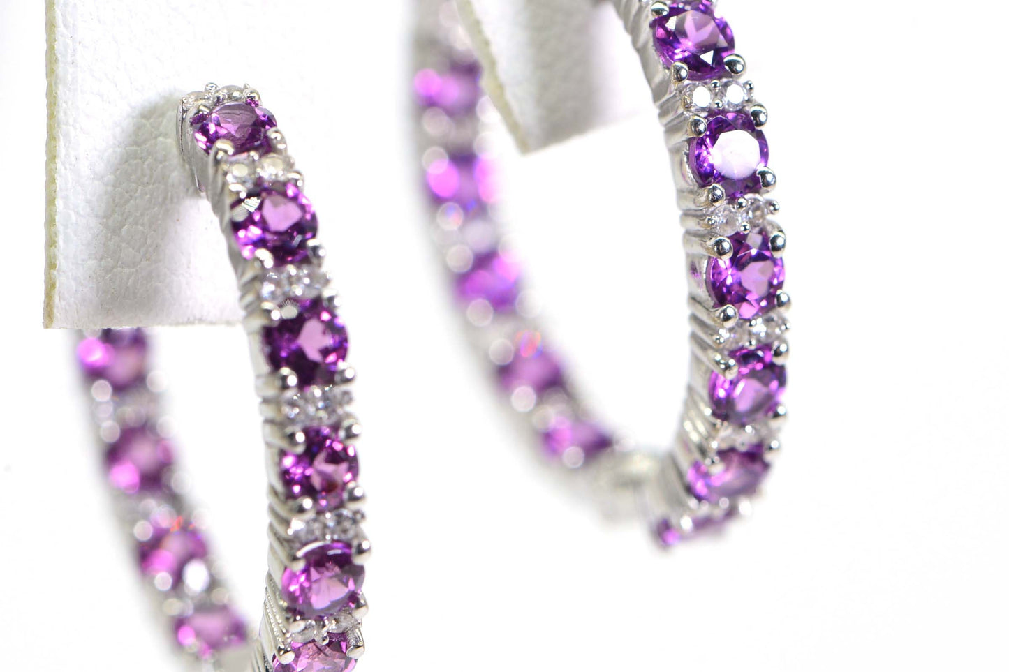 Rhodolite Garnet Hoop Earrings: Platinum Plated Sterling Silver, 6 ct