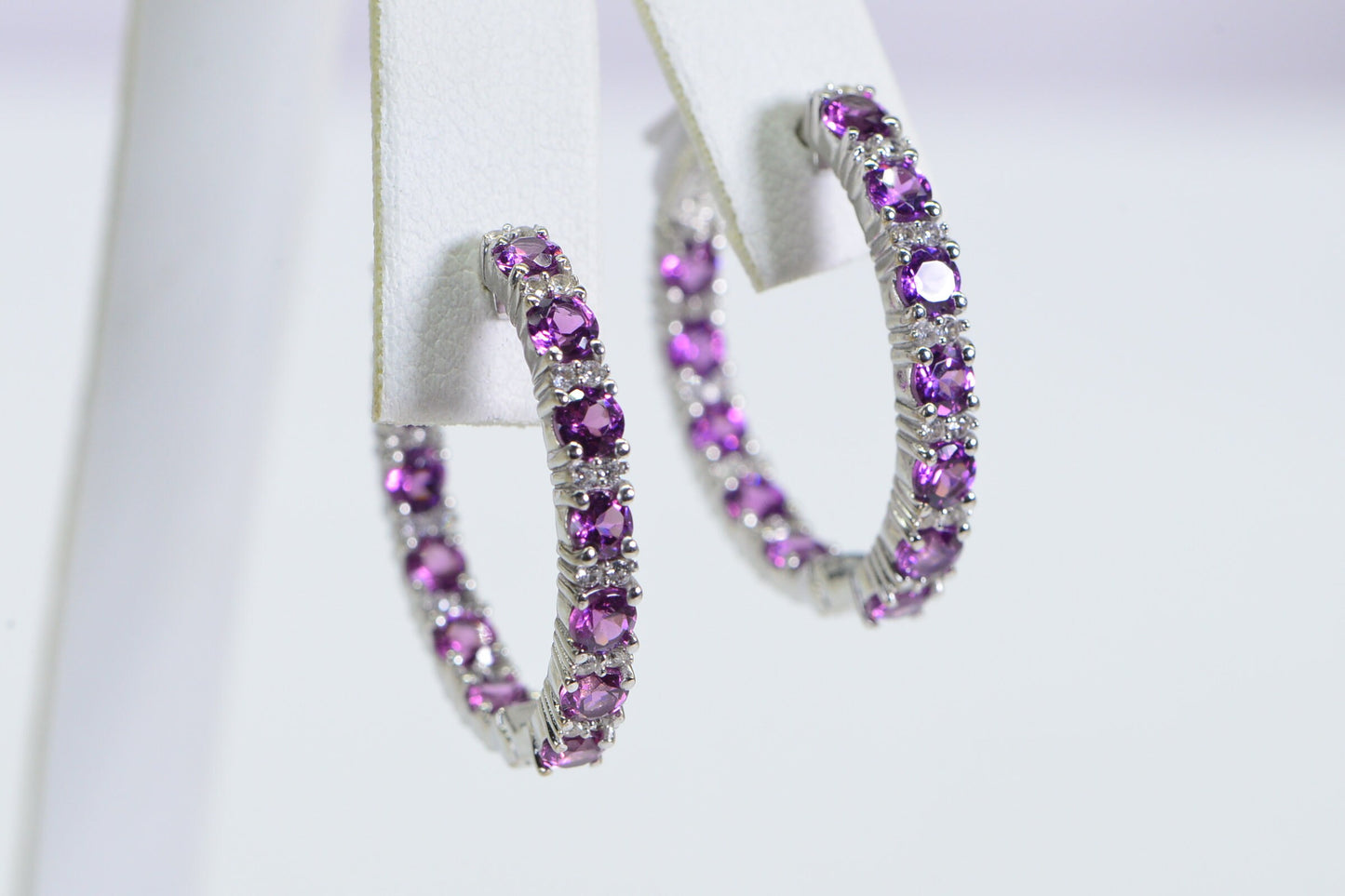 Rhodolite Garnet Hoop Earrings: Platinum Plated Sterling Silver, 6 ct