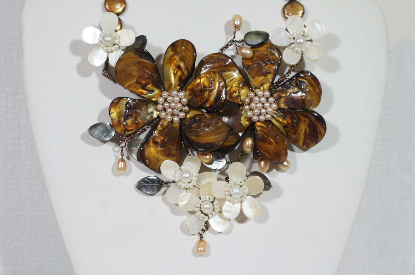 Brown Pearl Flower Necklace, Copper Wire Shell, Bridal Statement Jewelry
