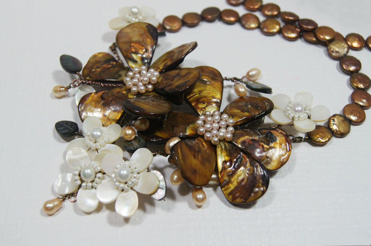 Brown Pearl Flower Necklace, Copper Wire Shell, Bridal Statement Jewelry