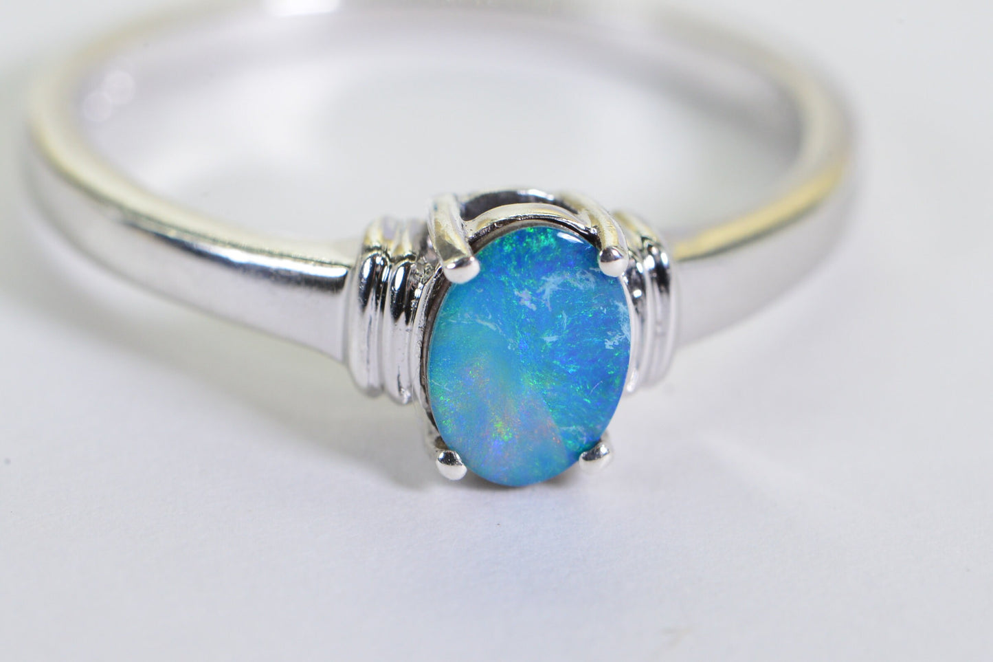 Australian Opal Ring: Sterling Silver Minimalist Band, Blue-Green Gemstone