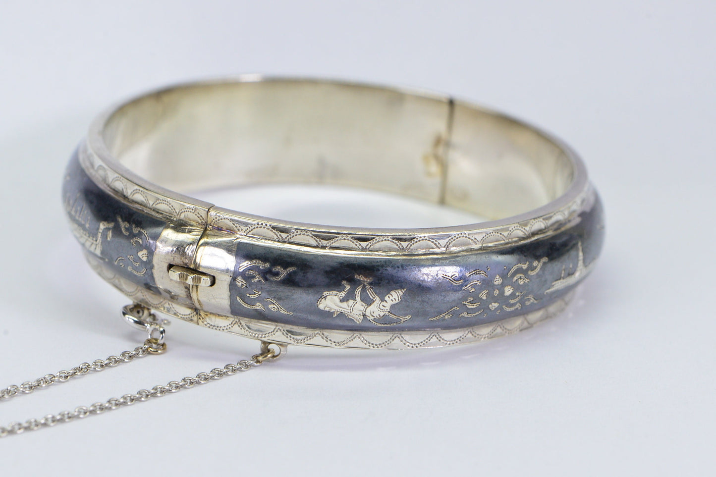 Vintage Siam Sterling Silver Bangle: Enameled Temple Dancer Bracelet
