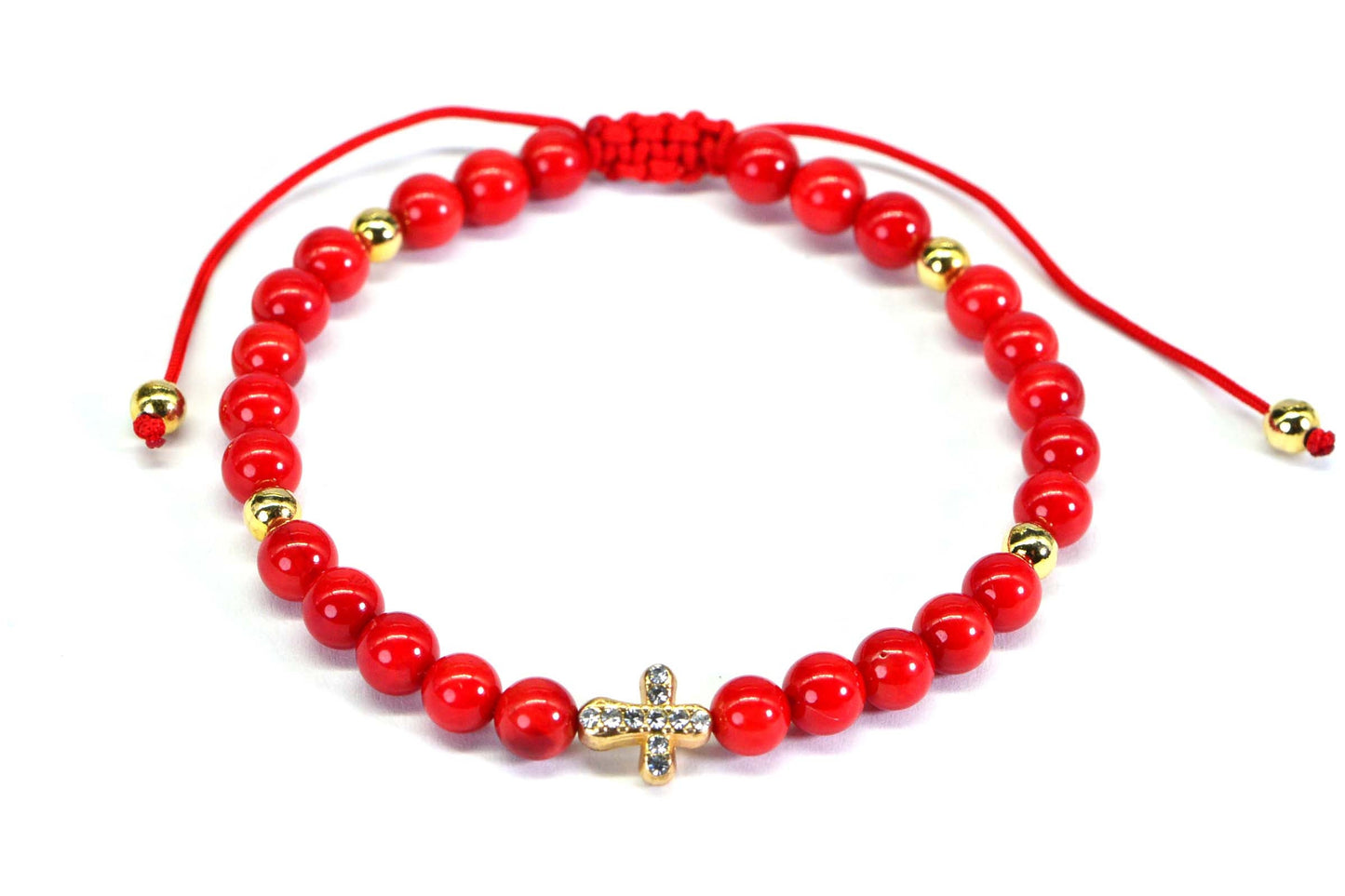 Red Coral Macrame Bracelet: Adjustable Knotted Cord, Gold Cross