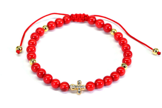 Red Coral Macrame Bracelet: Adjustable Knotted Cord, Gold Cross