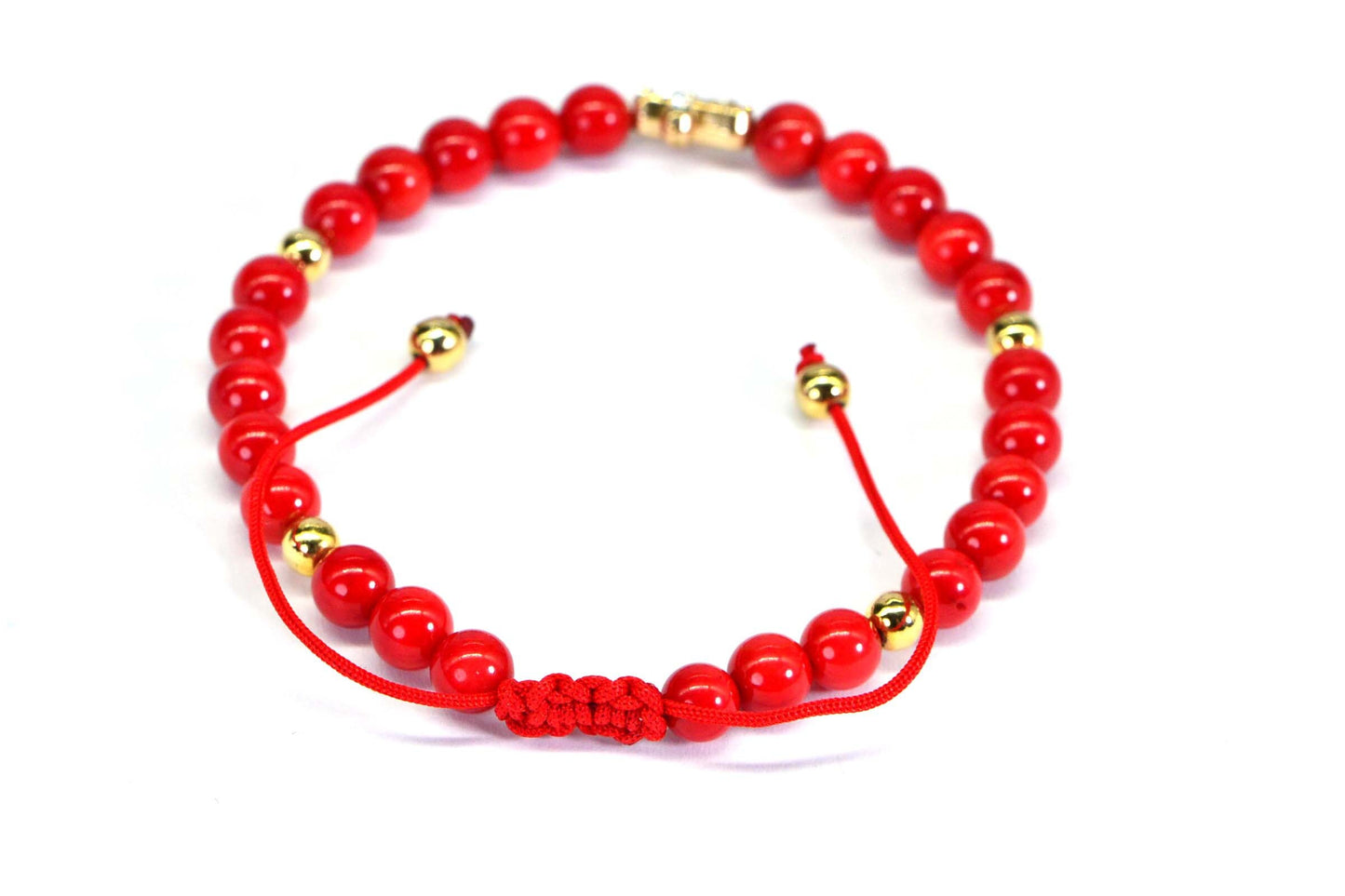 Red Coral Macrame Bracelet: Adjustable Knotted Cord, Gold Cross