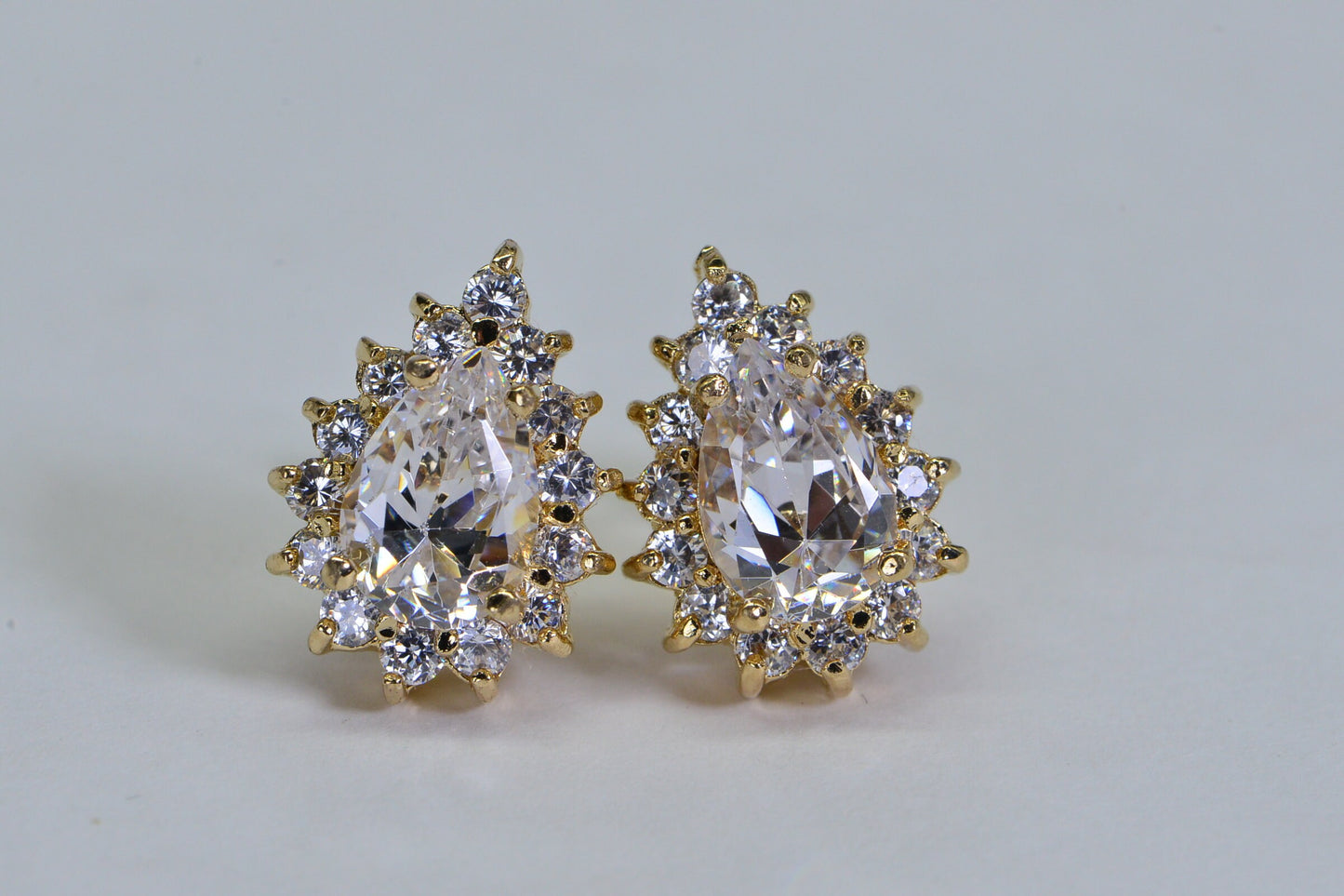 Gold Vermeil Teardrop Stud Earrings: Halo Cubic Zirconia