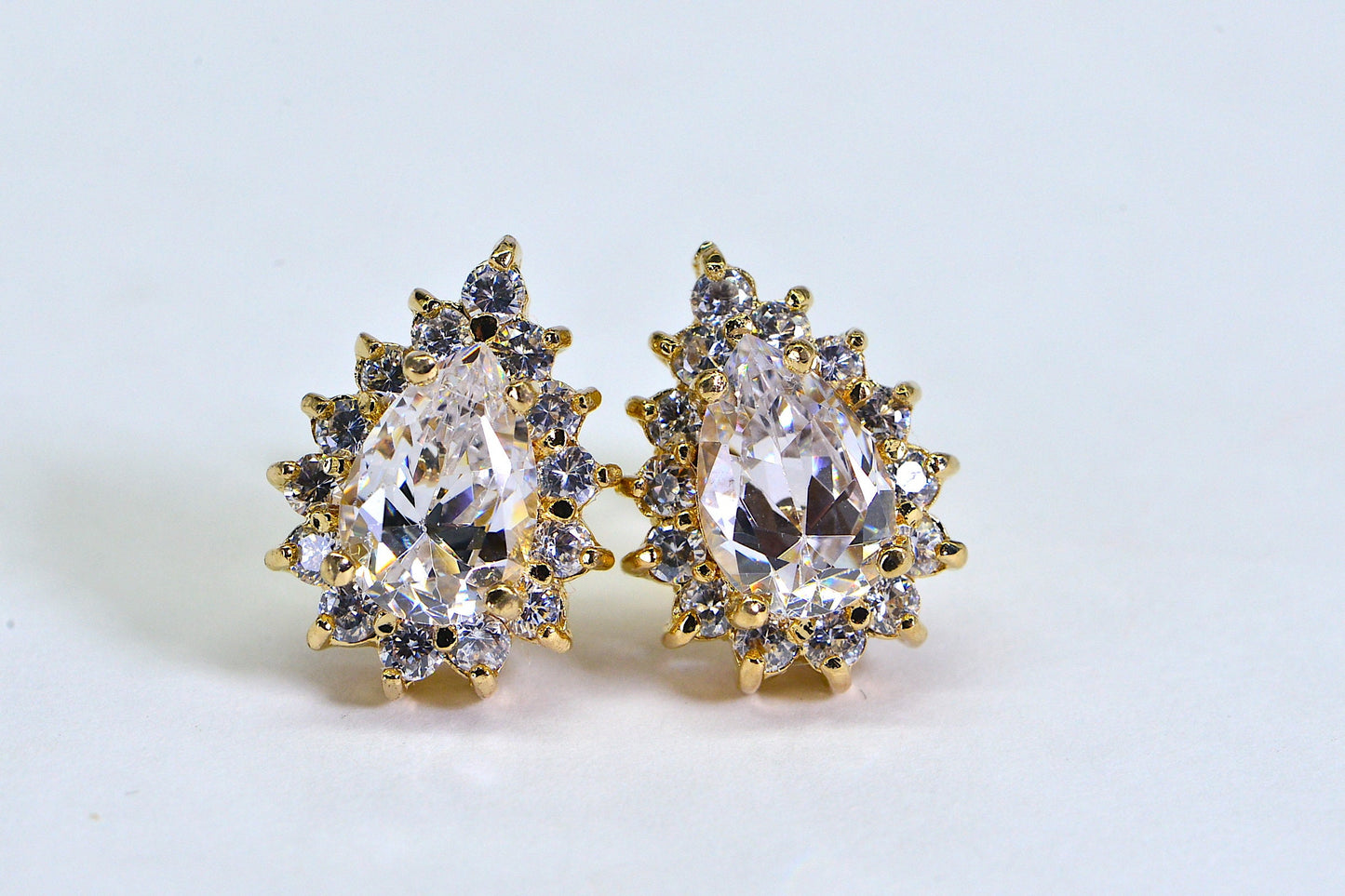 Gold Vermeil Teardrop Stud Earrings: Halo Cubic Zirconia