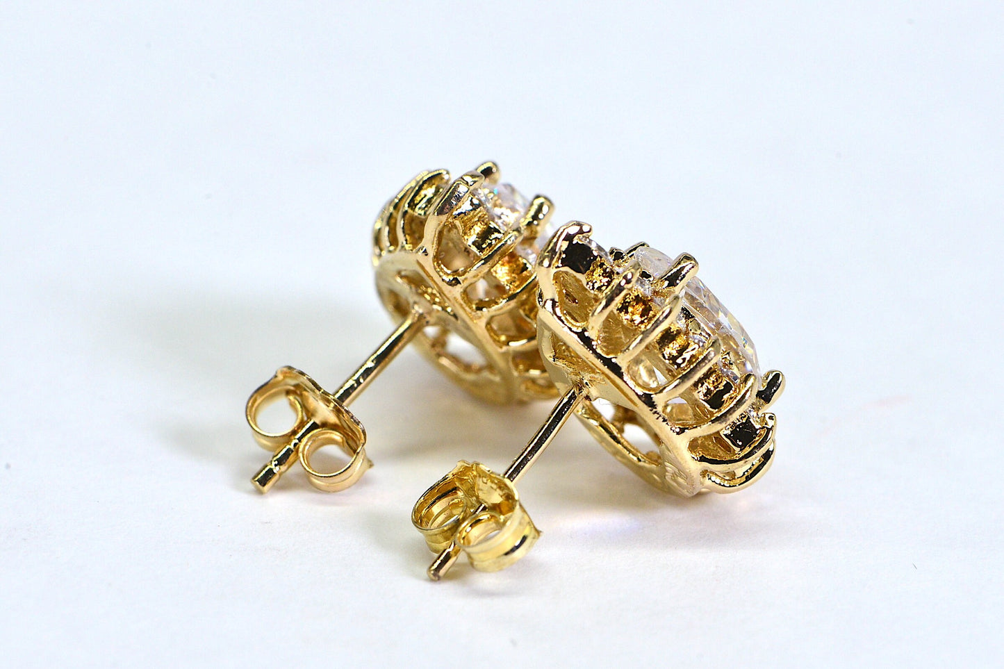 Gold Vermeil Teardrop Stud Earrings: Halo Cubic Zirconia