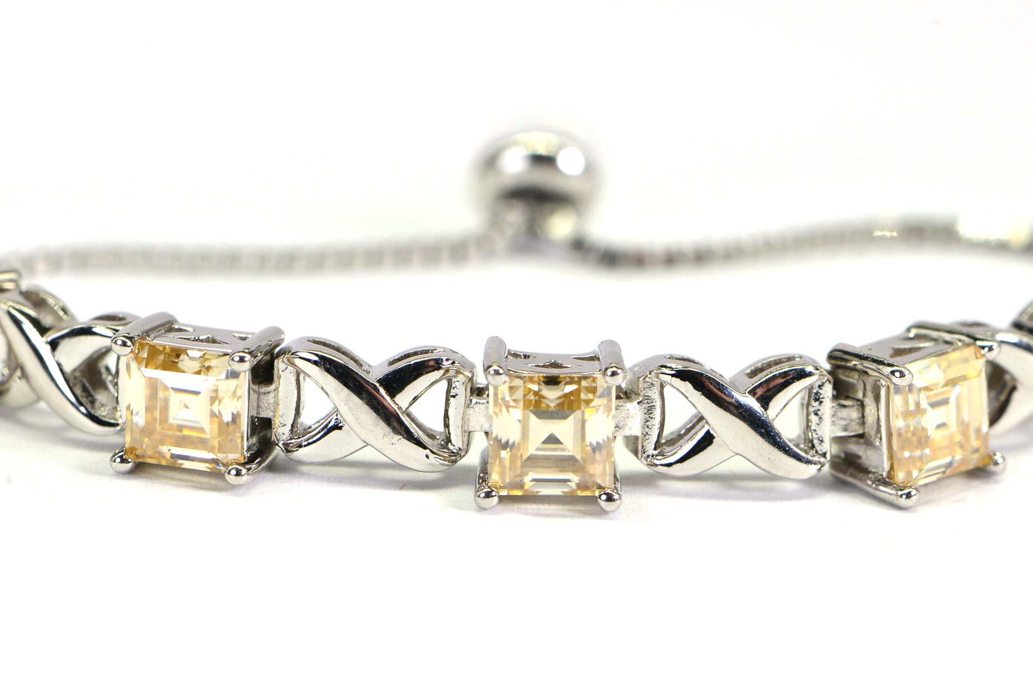Yellow Moissanite Bolo Bracelet: Rhodium Over Sterling Silver, Adjustable