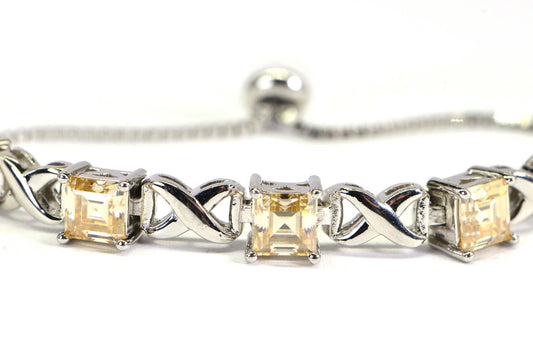 Yellow Moissanite Bolo Bracelet: Rhodium Over Sterling Silver, Adjustable