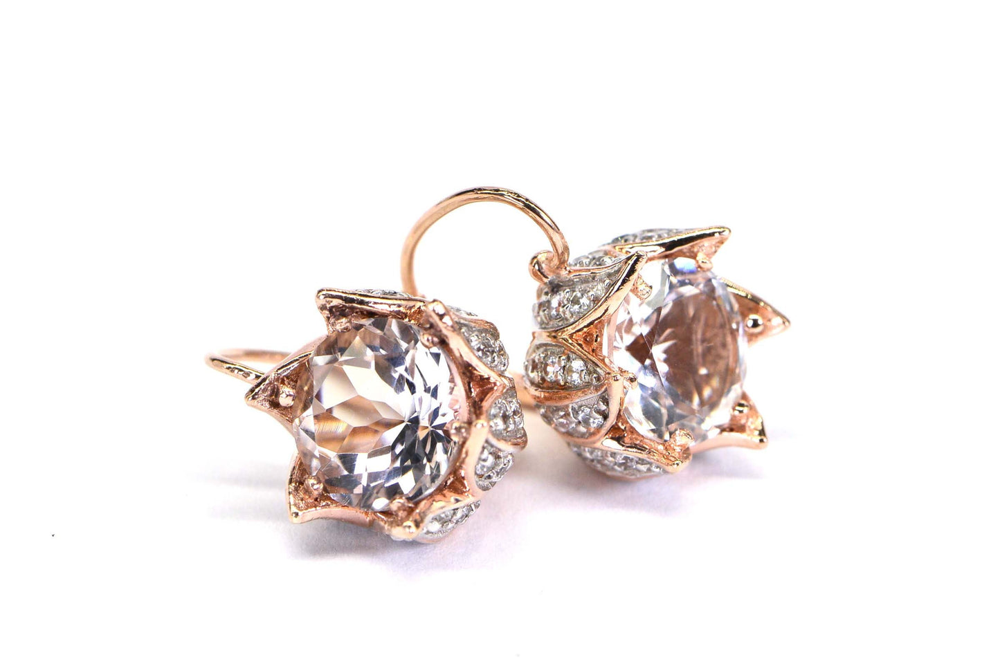14K Rose Gold Flower Earrings: White Topaz Vintage Style
