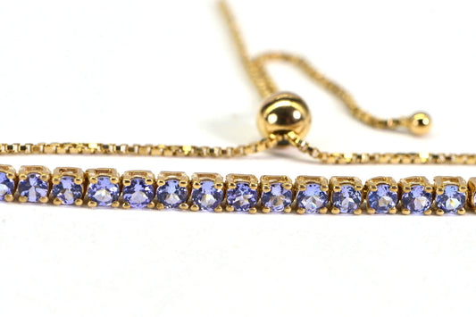 Natural Tanzanite Tennis Bracelet: 14K Yellow Gold Sterling Silver Bolo Bracelet