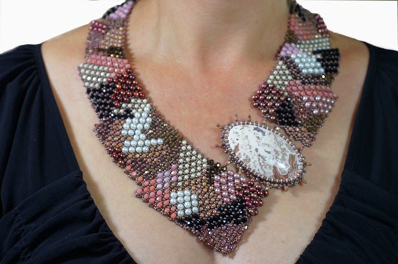Agate Statement Necklace – Hand Cut Cabochon, Seed Bead & Pearl