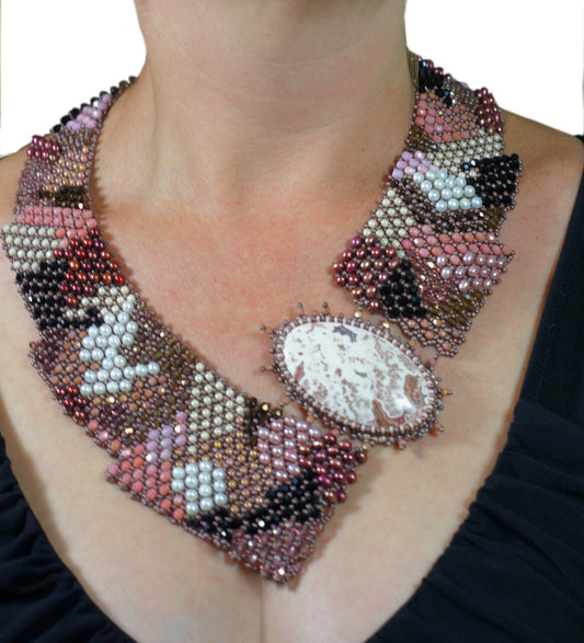 Agate Statement Necklace – Hand Cut Cabochon, Seed Bead & Pearl