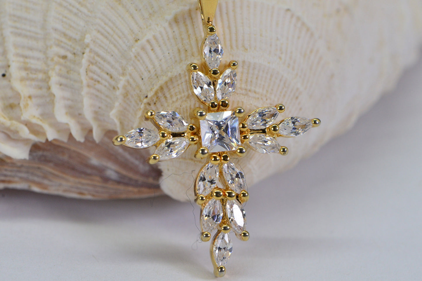 Marquise Cross Necklace: Simulated Diamond, 14K Yellow Gold Over Sterling Silver