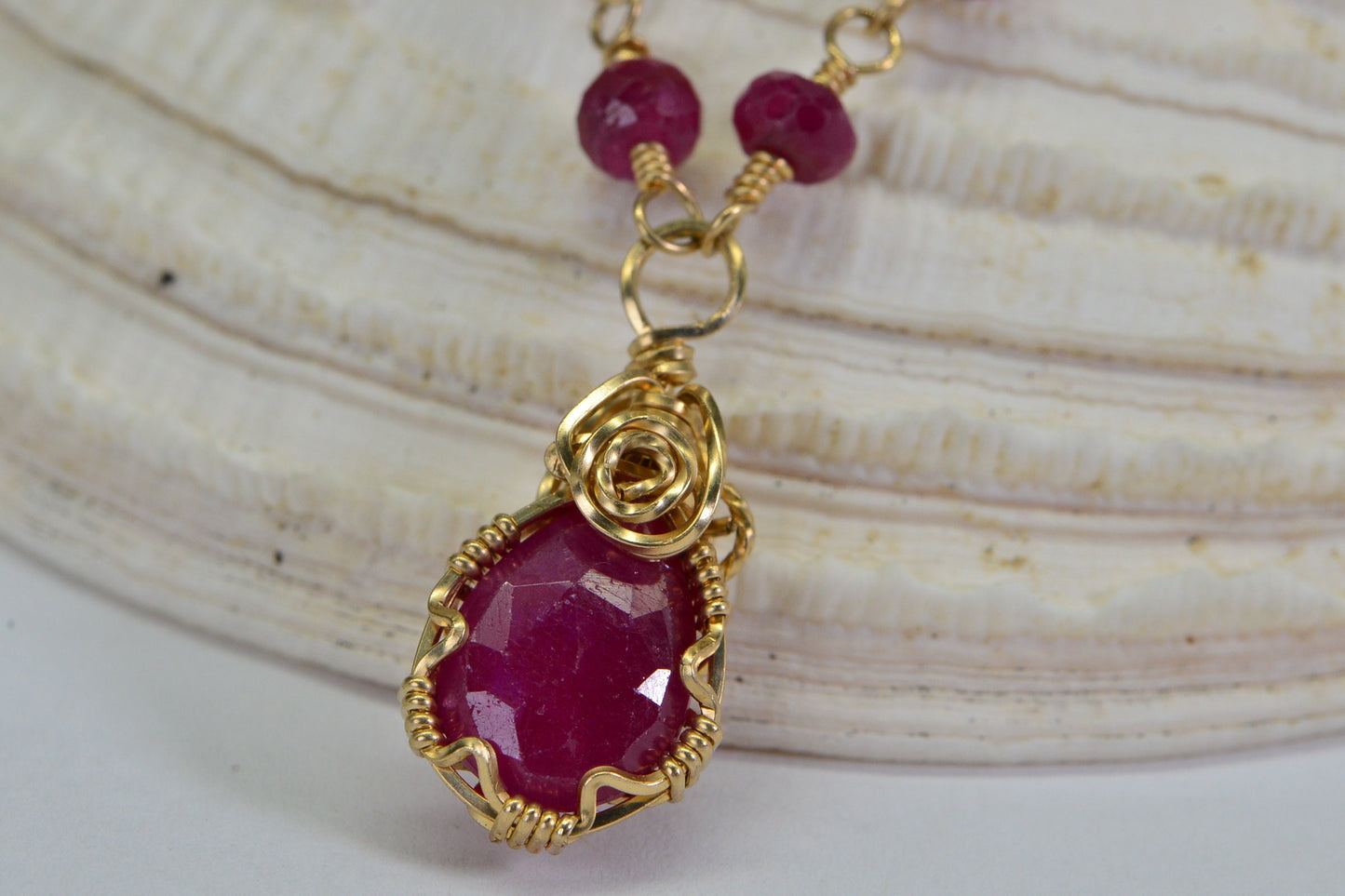 Ruby Rosary Necklace, 14k Gold Filled Wire Wrapped Pendant