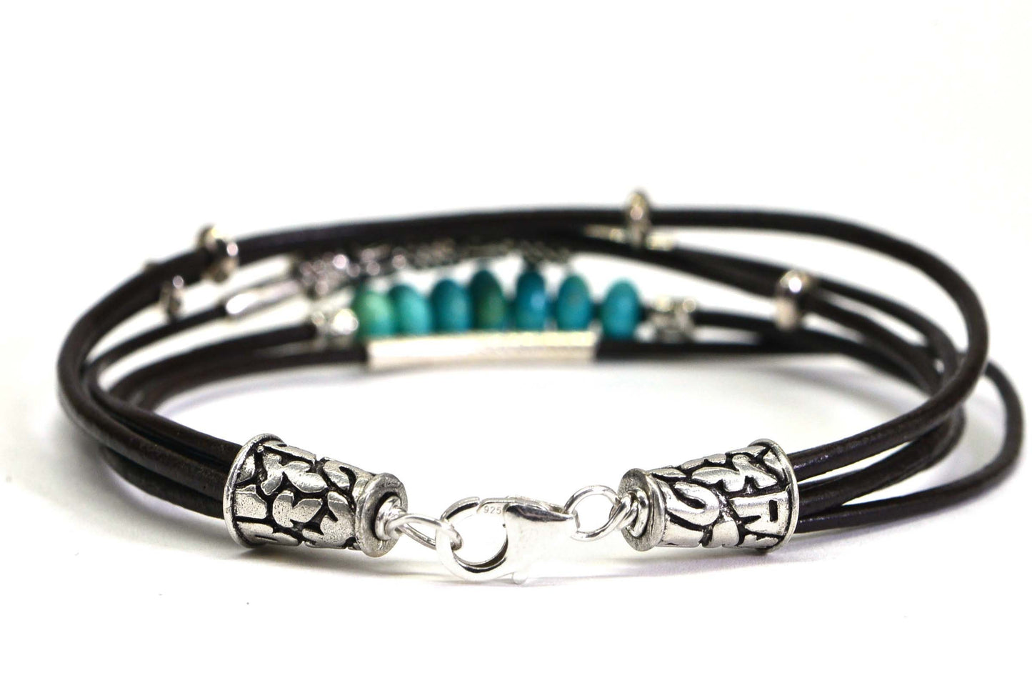 Nevada Turquoise Leather Bracelet, Sterling Silver Clasp, Bohemian Wrap