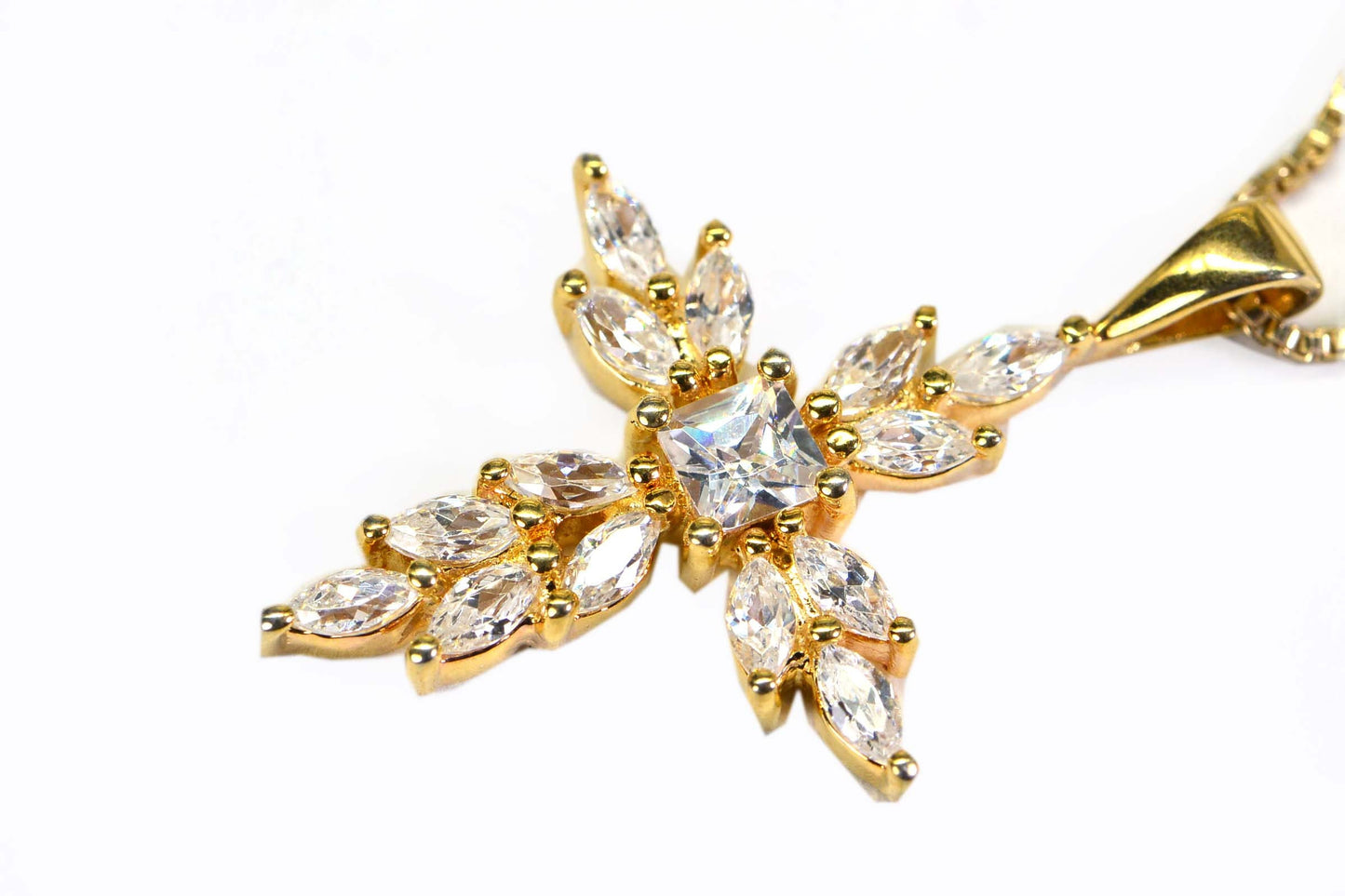 Marquise Cross Necklace: Simulated Diamond, 14K Yellow Gold Over Sterling Silver