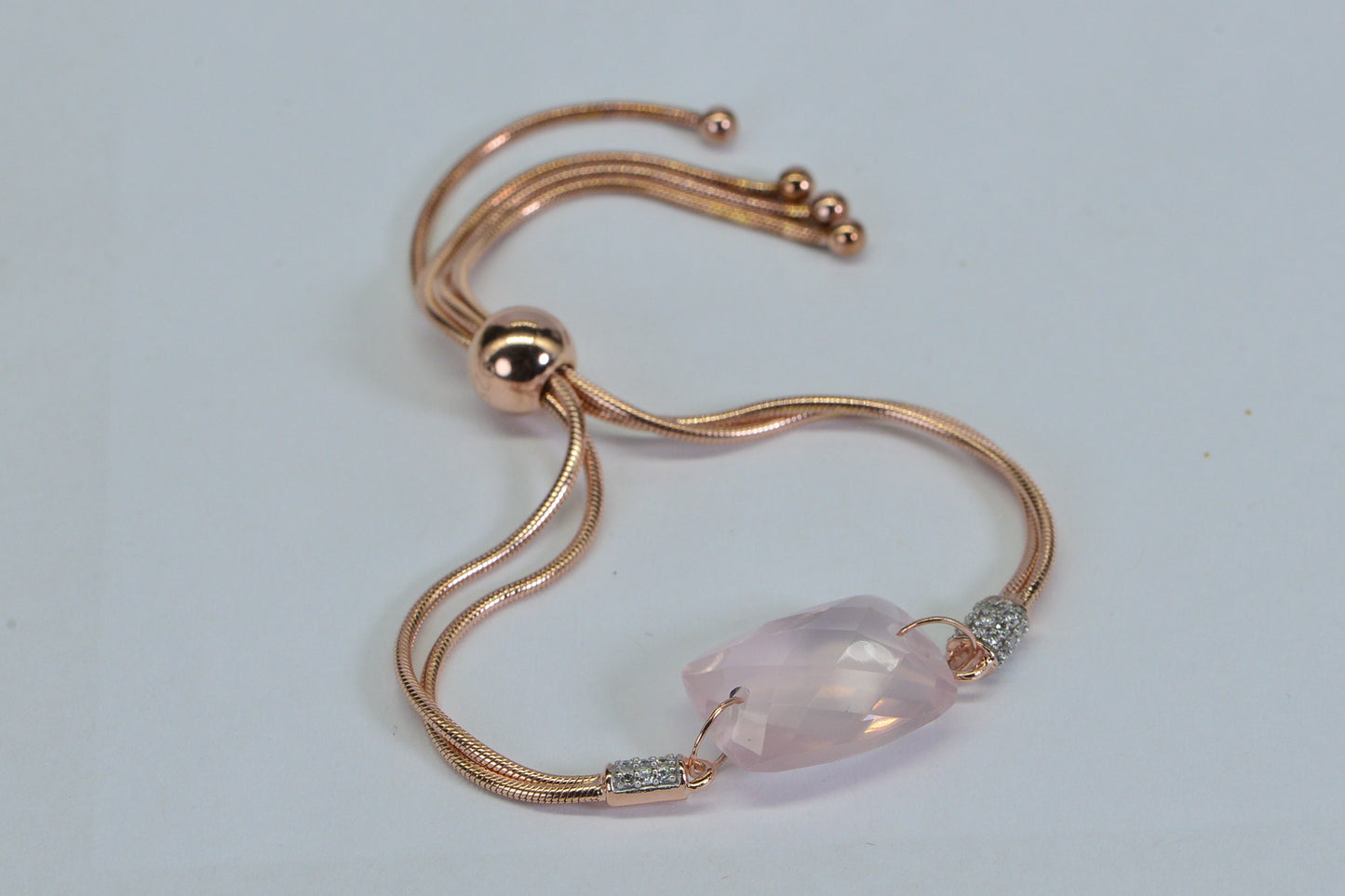 Rose Quartz Bolo Bracelet: Emerald Cut, 925 Sterling Silver, Adjustable