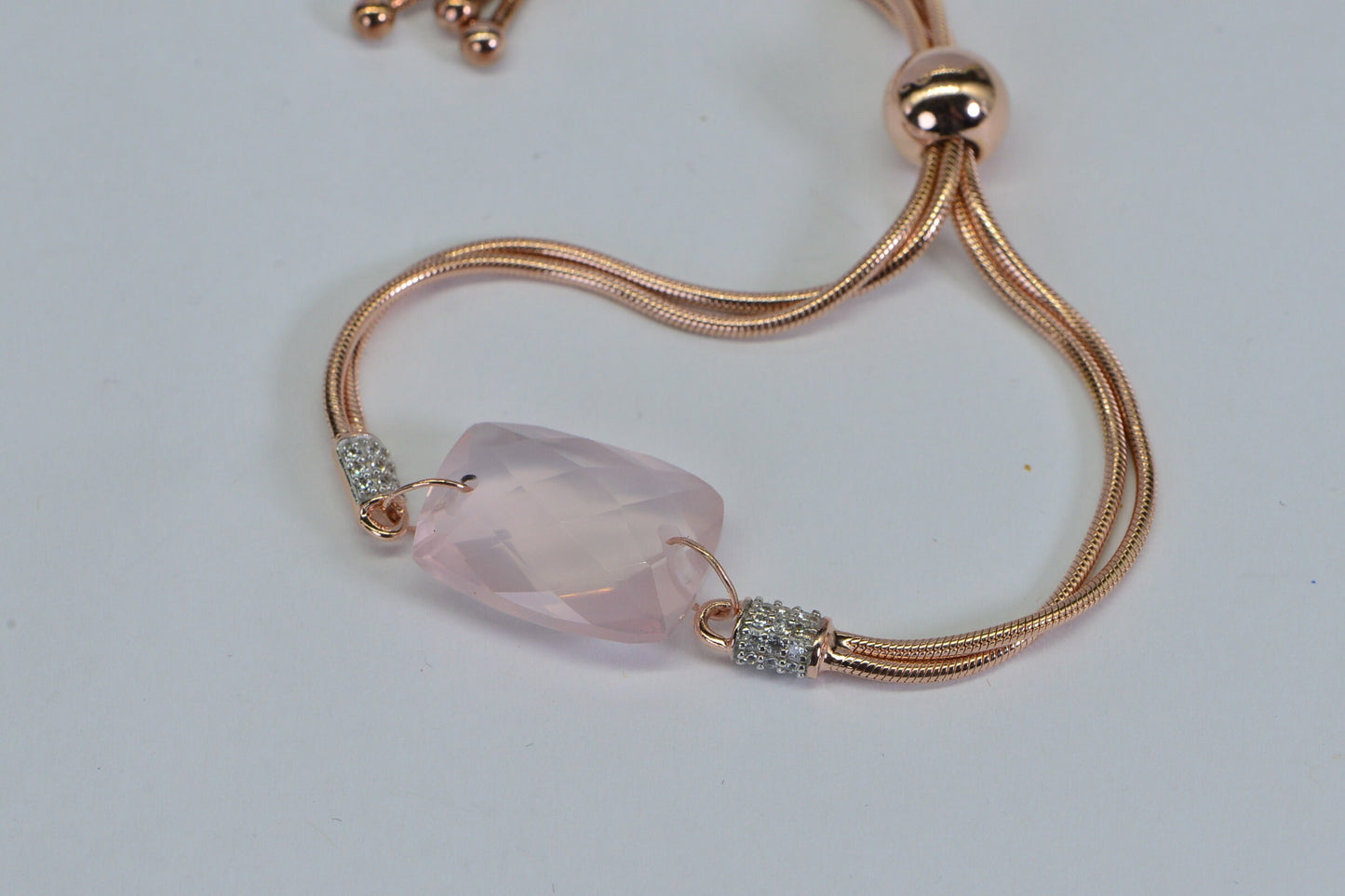 Rose Quartz Bolo Bracelet: Emerald Cut, 925 Sterling Silver, Adjustable