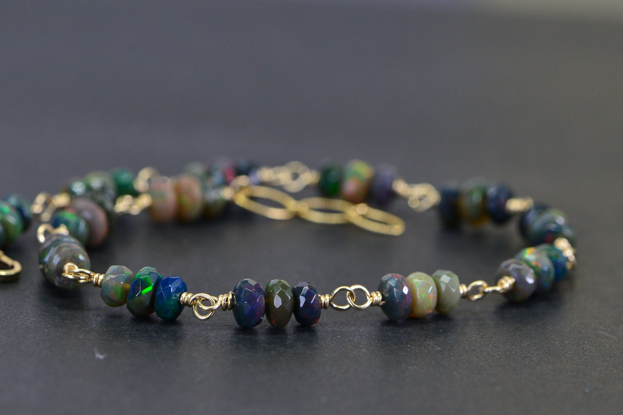 Black Opal Bracelet: 14k Gold Filled Chain, Gemstone Jewelry