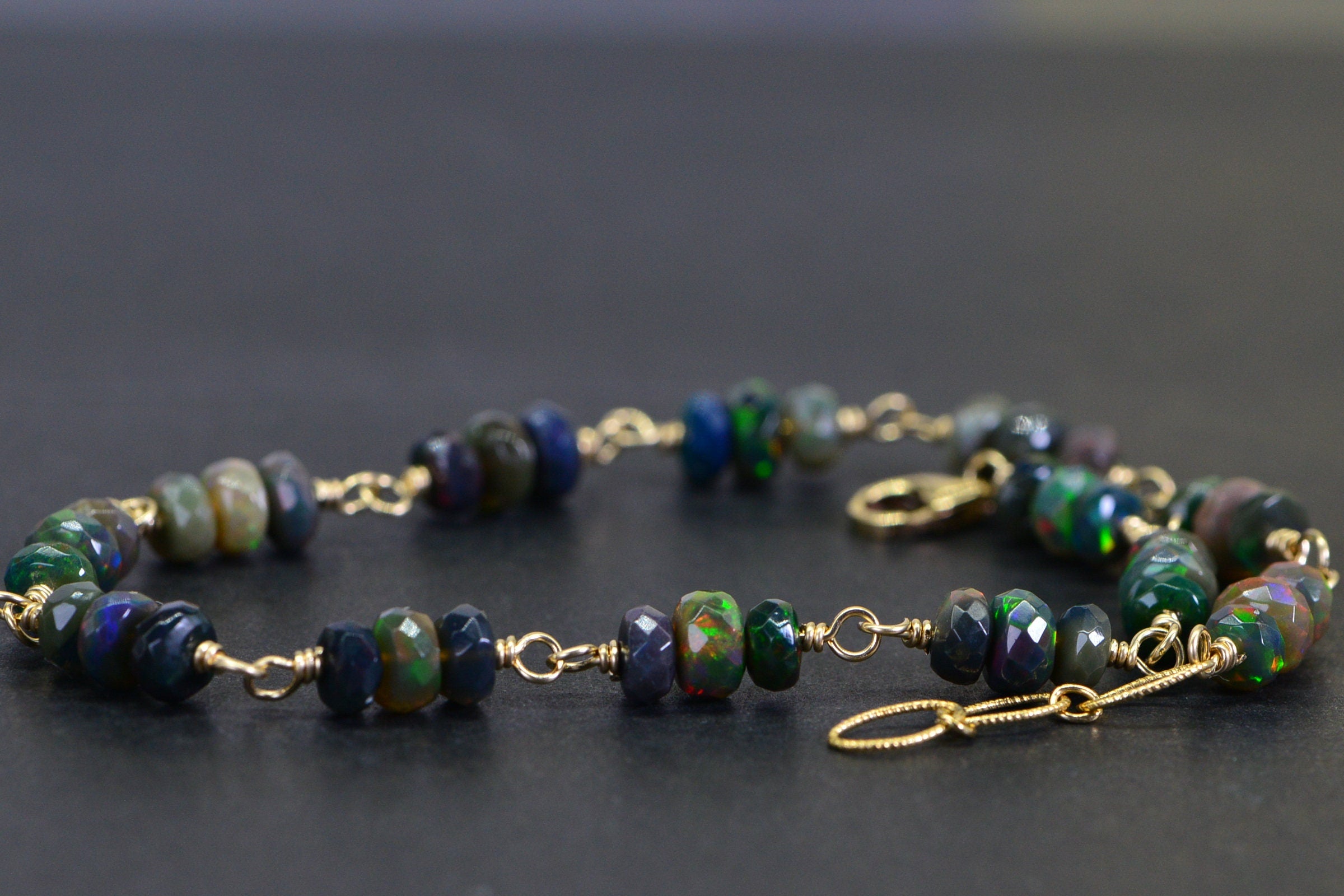 Black Opal Bracelet: 14k Gold Filled Chain, Gemstone Jewelry