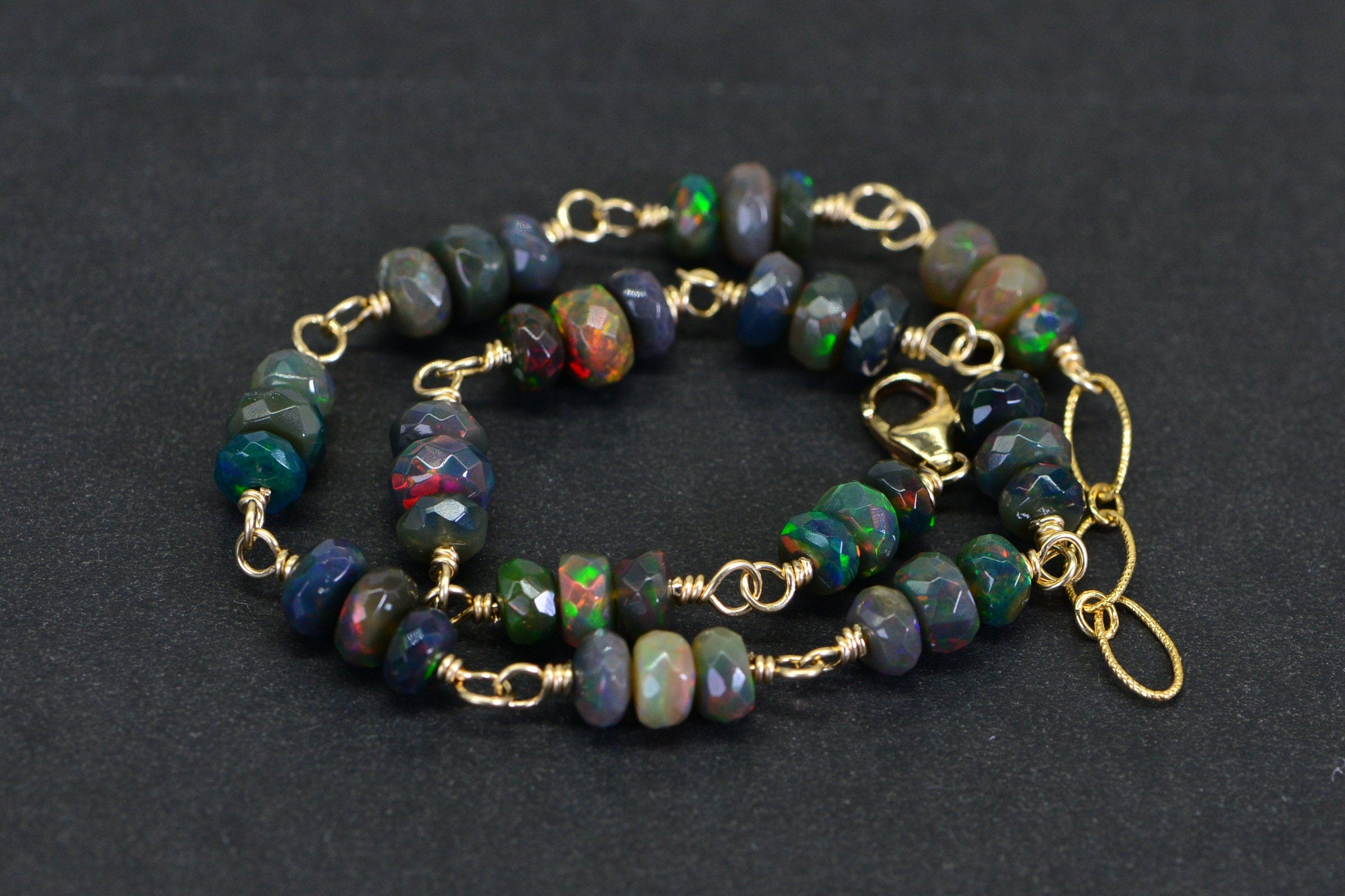 Black Opal Bracelet: 14k Gold Filled Chain, Gemstone Jewelry
