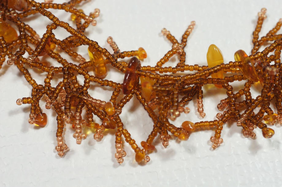 Coral Branch Design  Beaded Necklace Multi Strand Statement Necklace Yellow Brown Honey Color