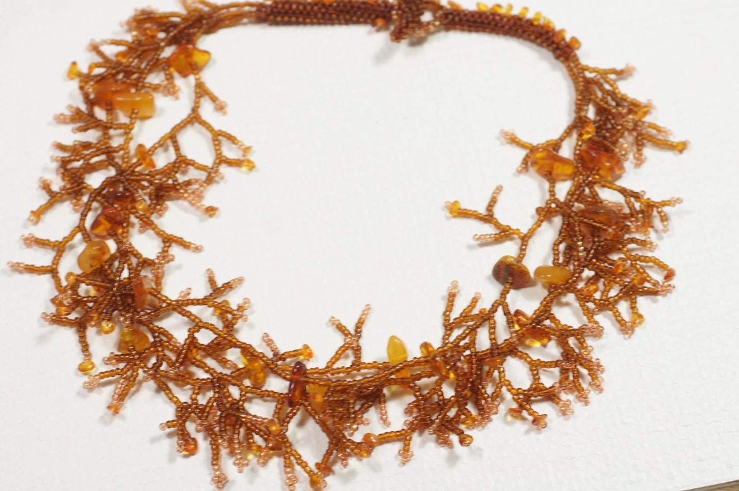 Coral Branch Design  Beaded Necklace Multi Strand Statement Necklace Yellow Brown Honey Color