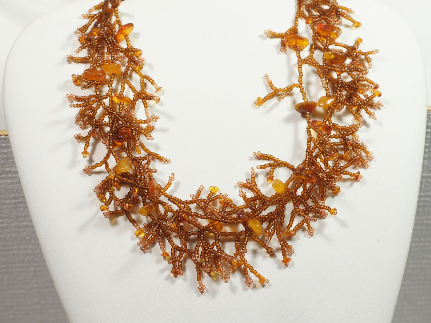 Coral Branch Design  Beaded Necklace Multi Strand Statement Necklace Yellow Brown Honey Color
