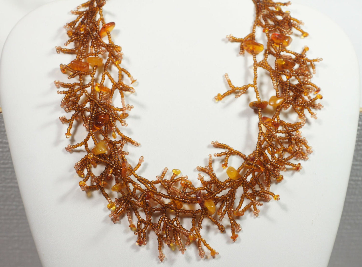 Coral Branch Design  Beaded Necklace Multi Strand Statement Necklace Yellow Brown Honey Color