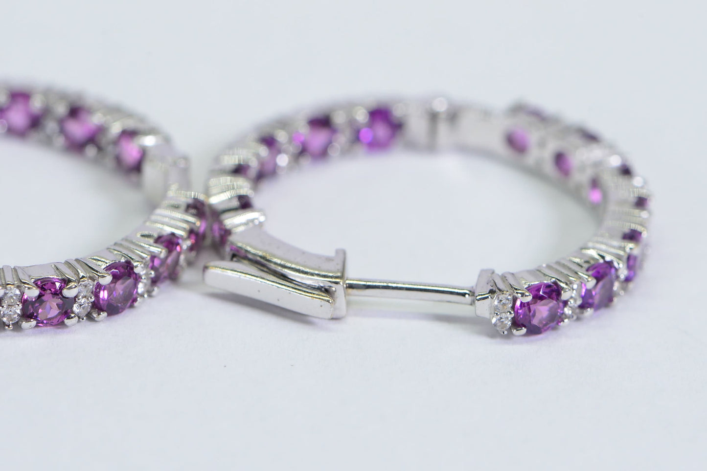 Rhodolite Garnet Hoop Earrings: Platinum Plated Sterling Silver, 6 ct