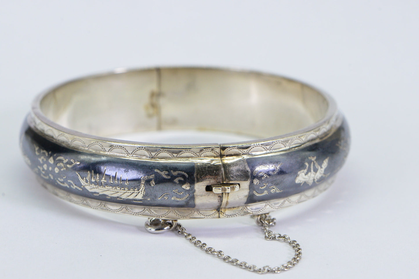 Vintage Siam Sterling Silver Bangle: Enameled Temple Dancer Bracelet