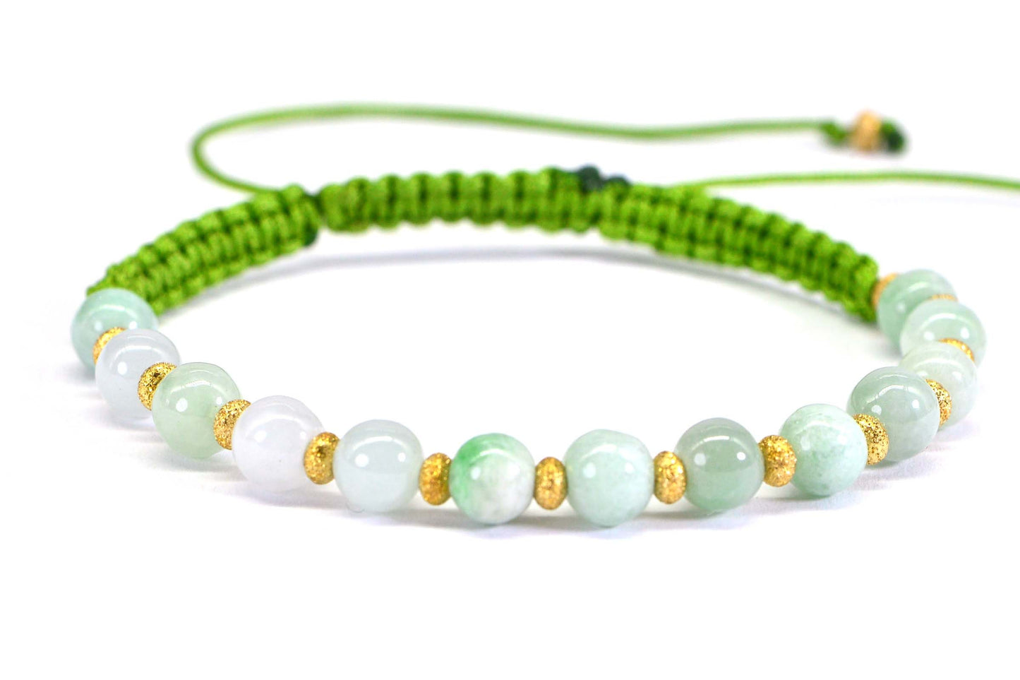Handmade Burma Jade Bracelet: 14K Gold Beads, Woven Macrame