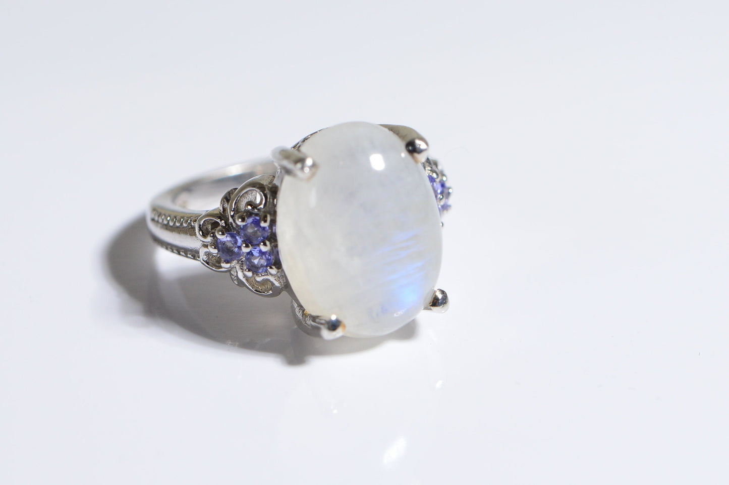 Rainbow  Moonstone Tanzanite Rhodium Over Sterling Silver Tanzanite Ring Birthstone December Gift for Daughter