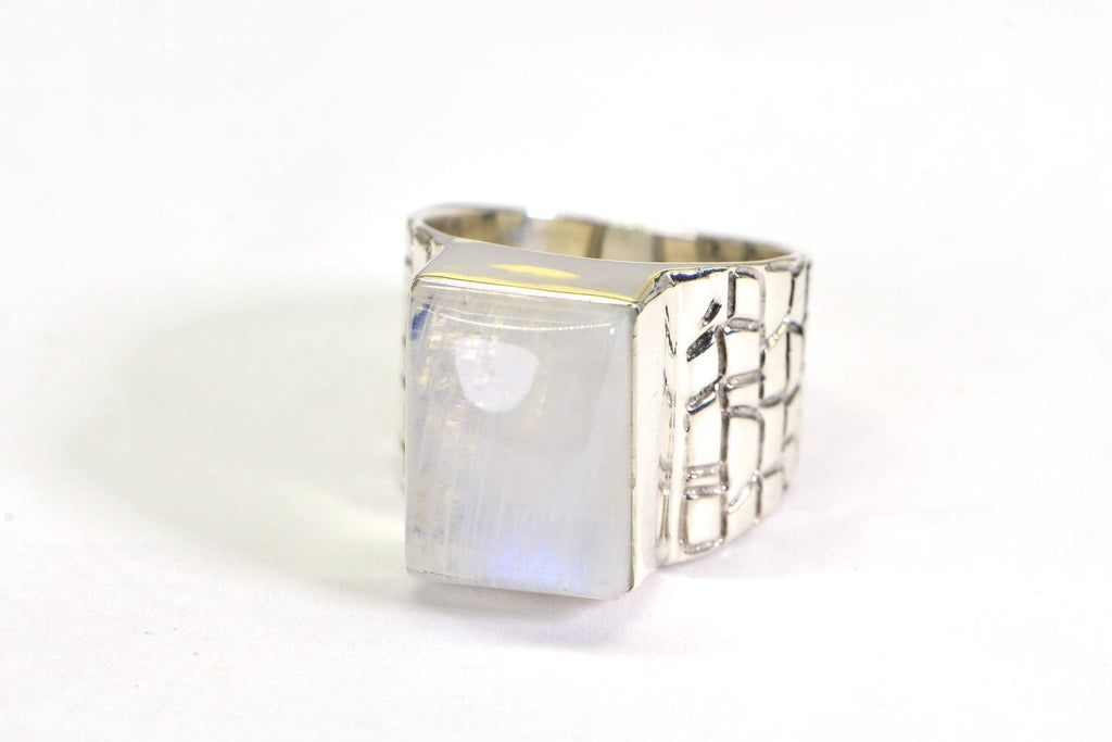 Sterling Silver Rectangle Moonstone Ring - Statement Ring for Men